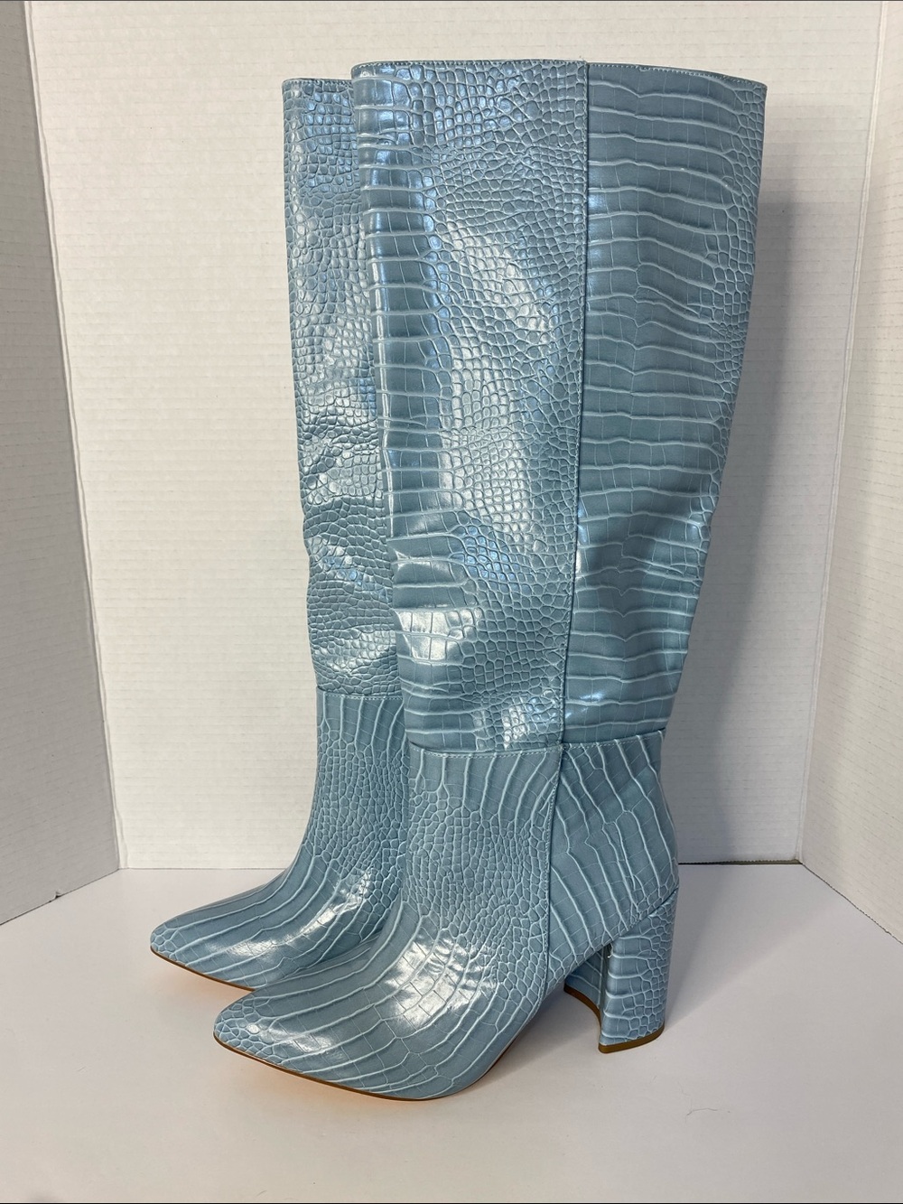Lulu's Katari Light Blue Croc-Embossed Pointed-Toe Knee Boots - Picture 2 of 6